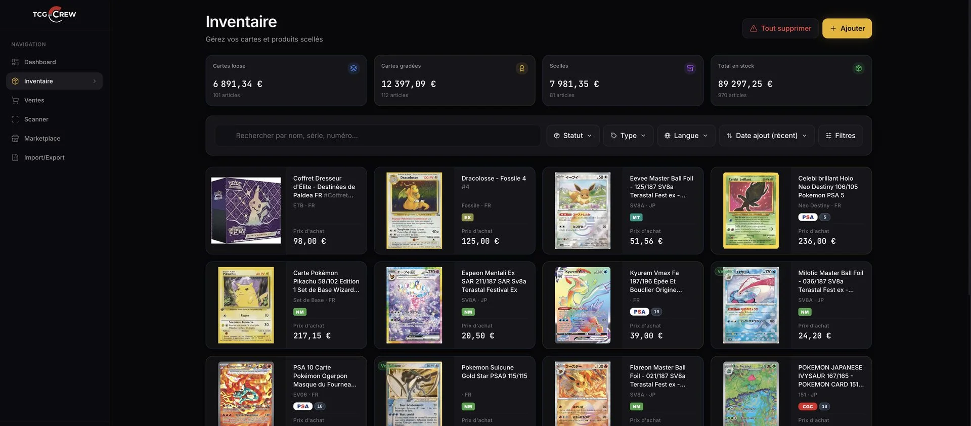 L’inventaire TCG Crew avec prix d’achat, cote et statut de vente